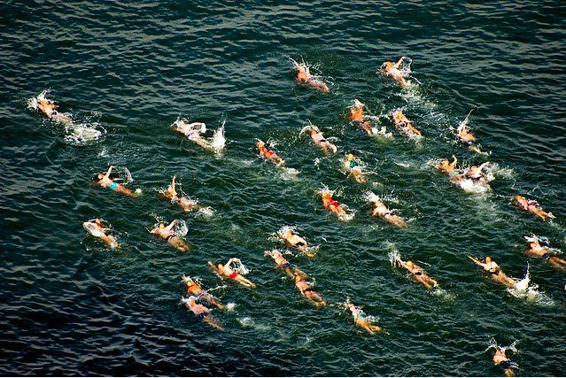 Photograph of swimmers during the Manhattan Island Marathon Swim by Jay Fine on Flickr